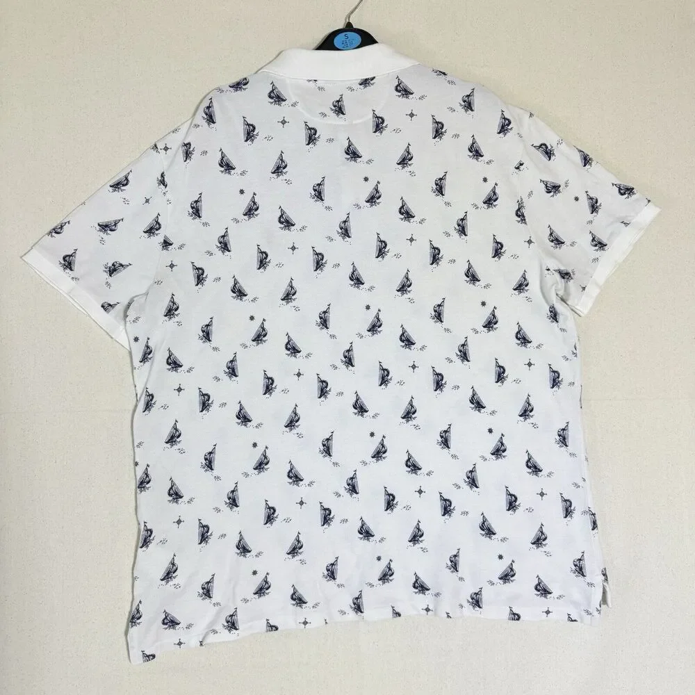 POLO RALPH LAUREN Men XL Custom Slim Fit White Blue Sailboats Polo Shirt